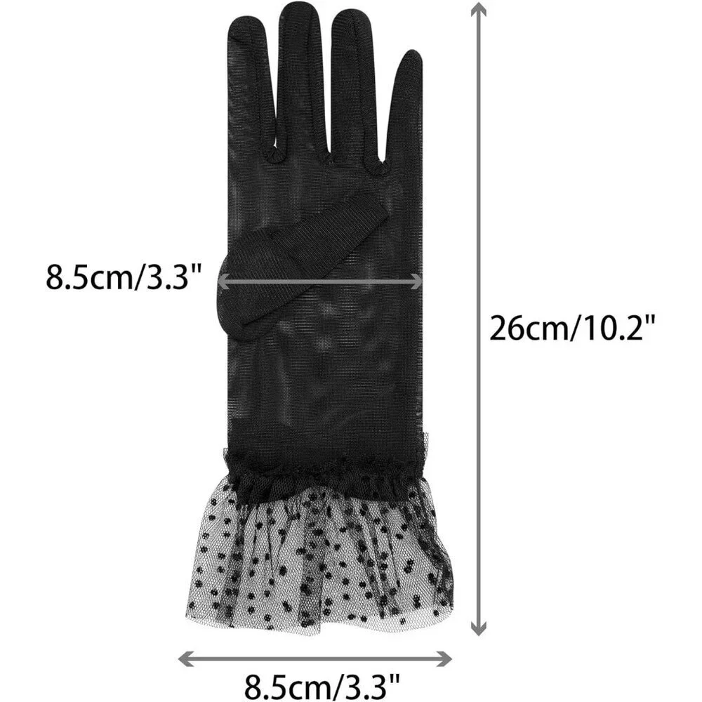 Women's Short Black Lace Bow  Polka Dots Gloves Mesh Wedding Tea Party Prom